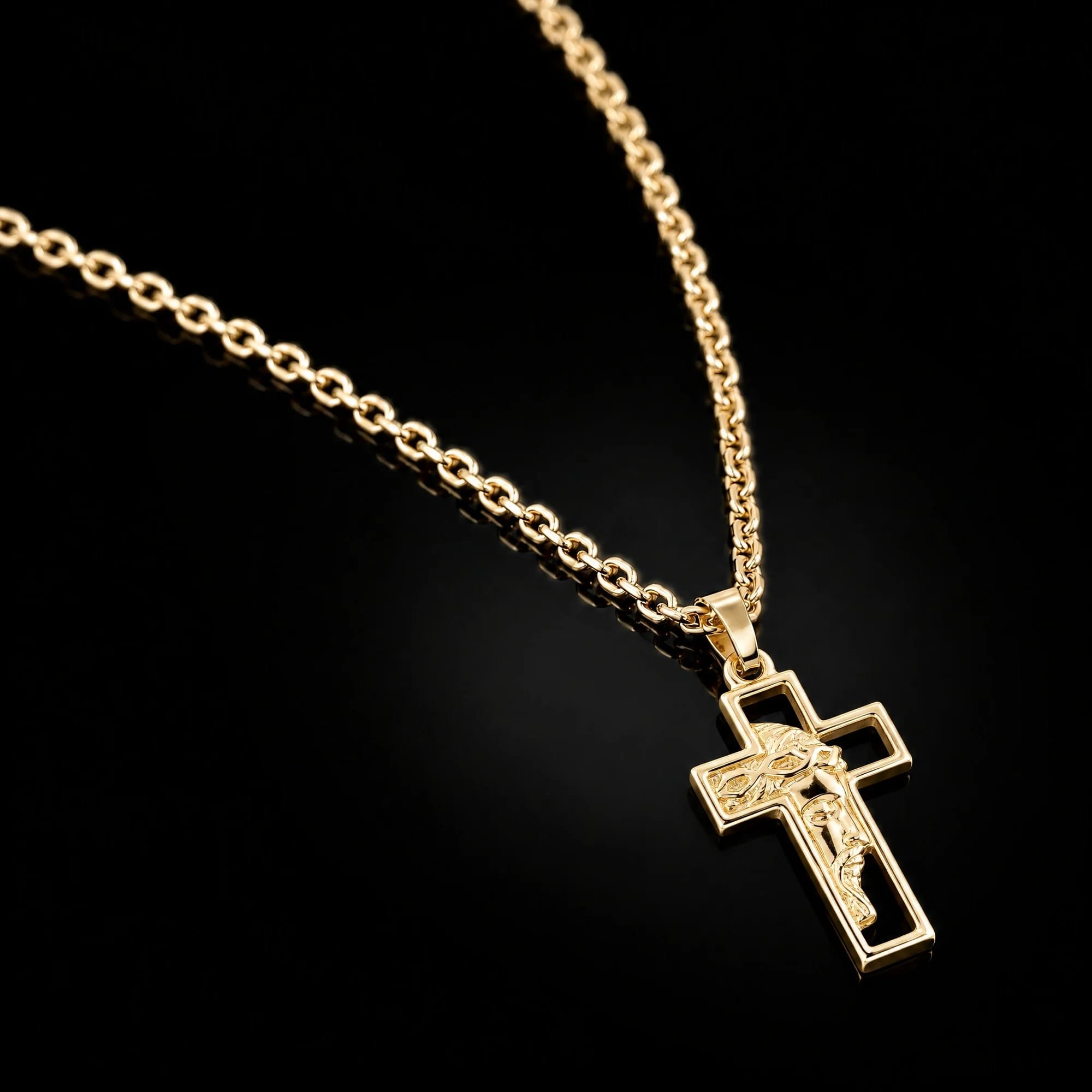 Corrente Cadeado 2mm + Crucifixo Rosto de Cristo Vazado PP